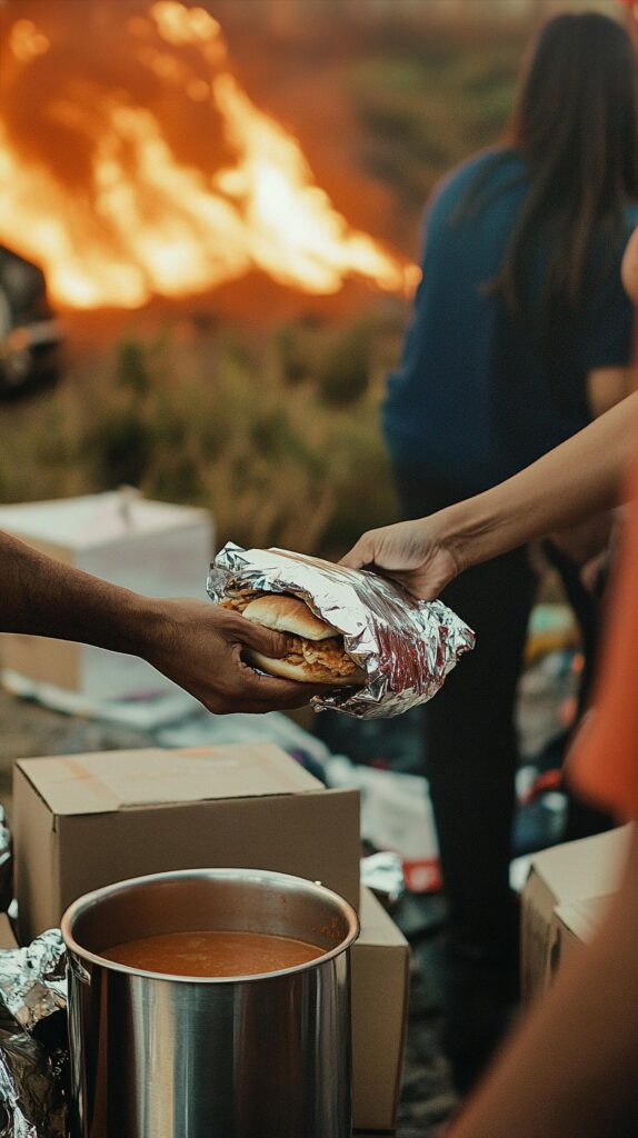 Firefighters handing out sandwiches and soup amidst a blaze in Porto, Portugal, highlighting community aid.